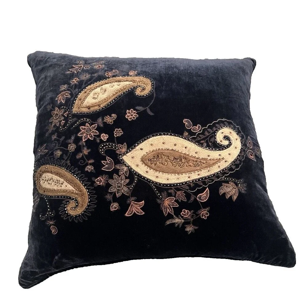 Rodeo Home Luxury Velvet Throw Pillow Feather Down Filled Blue Paisley 22 x 22in